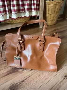 Ralph Lauren Cognac Leather Tote with Gold-Tone Tag